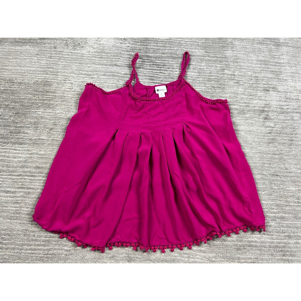 Stylus Camisole Women XL Magenta Pink Pom Pom Trim Pleated Rayon Tank Top